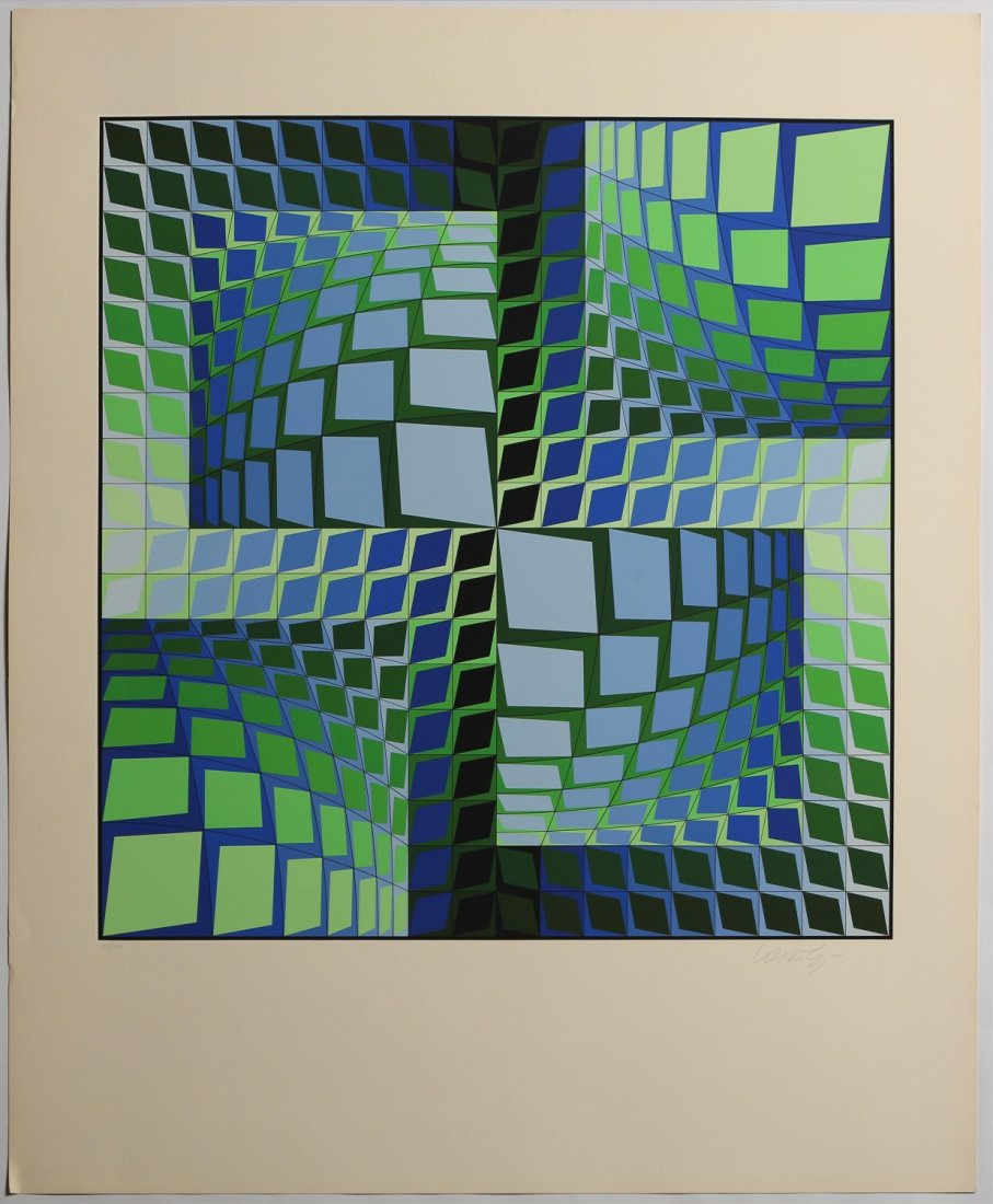 VICTOR VASARELY THEZ SIGNED SERIGRAPH 1982: VICTOR VASARELY THEZ SIGNED SERIGRAPH 1982 Victor Vasarely, Hungarian (1908 - 1997), Thez, signed Serigraph, limited edition of 250, numbered 152. Signed in pencil bottom right. Image size: 25 x 25". 
