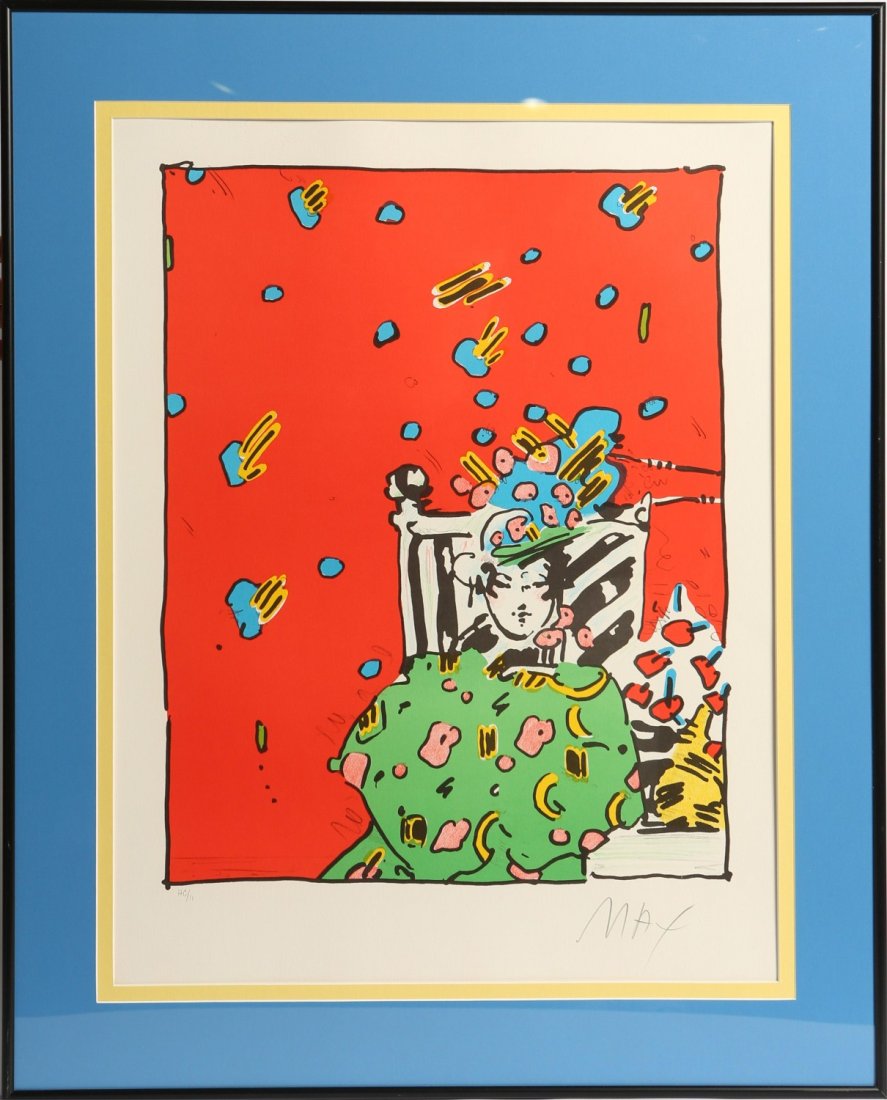 PETER MAX LADY IN GREEN LITHO 1980: PETER MAX LADY IN GREEN LITHO 1980 Peter Max (German/American, b.1937), Lady in Green, Lithograph, signed and numbered in pencil HC/11. Framed and matted under plexi in metal frame. Image Size: 17 x 2