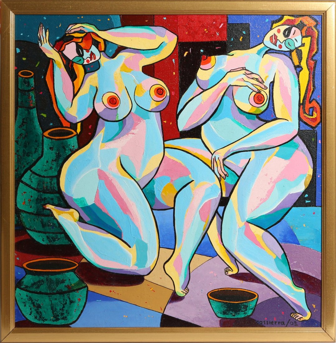FRANKLIN CASSIERRA CUBIST STYLE FEMALE HARLEQUINS: FRANKLIN CASSIERRA CUBIST STYLE FEMALE HARLEQUINS Franklin D. Cassierra, (American, Contemporary), New York City Soho street artist, oil on canvas, painterly cubist style rendering of two nude female 