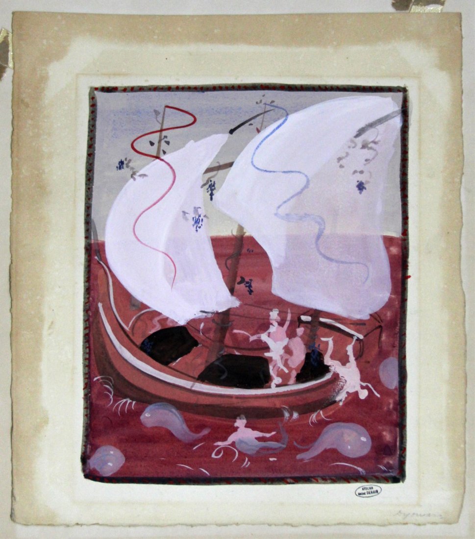 ANDRE DERAIN NAUTICAL SCENE WATERCOLOR ON PAPER: ANDRE DERAIN NAUTICAL SCENE WATERCOLOR ON PAPER Andre Derain (French, 1880-1954). A watercolor seascape. Unsigned but with the famous Derain stamp, bottom right. Derain was a leading exponent of fauvi