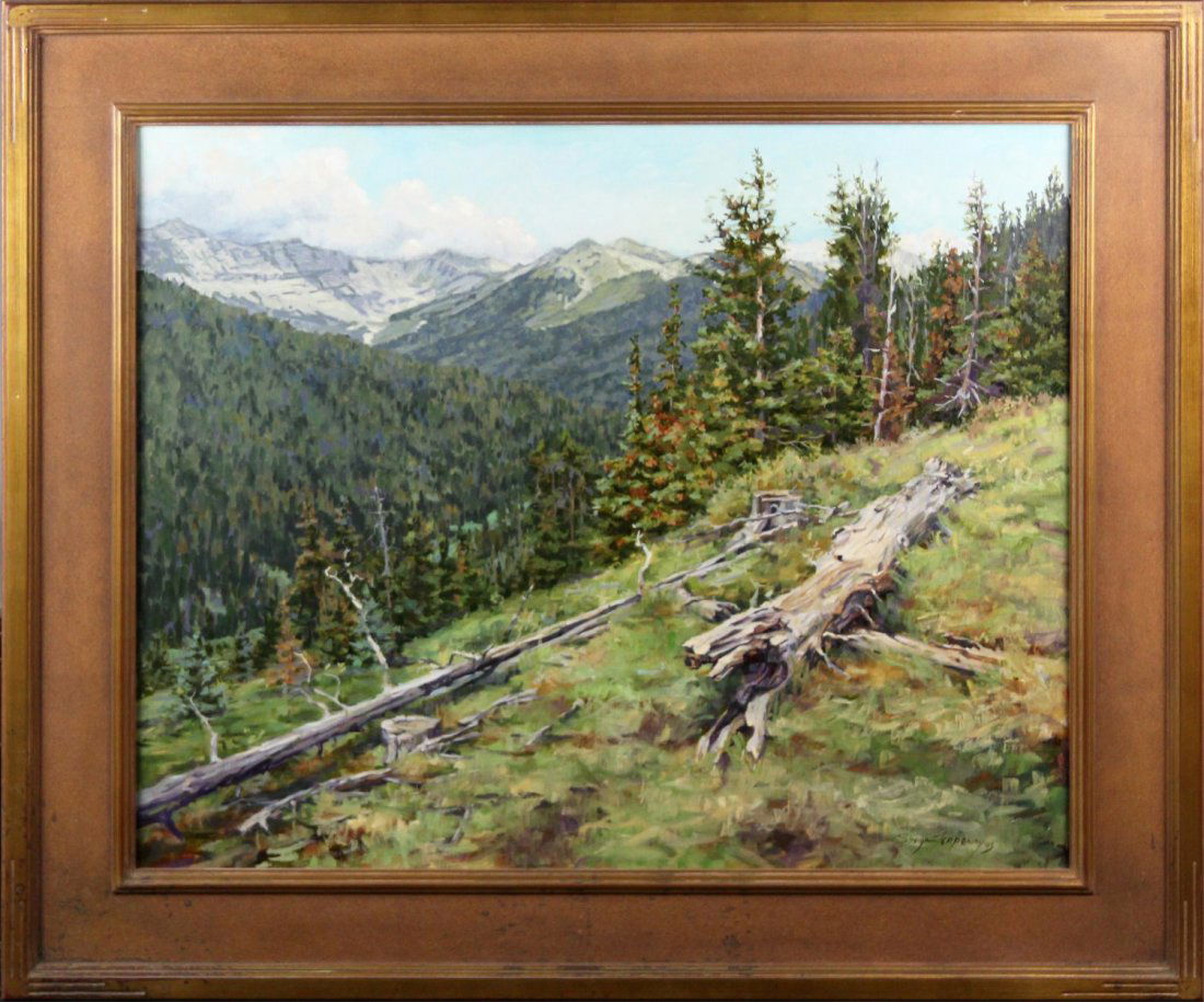 SONYA TERPENING OIL ON CANVAS A VIEW FROM THE TOP: SONYA TERPENING OIL ON CANVAS A VIEW FROM THE TOP Sonya Terpening (American, 1954 - ), Oil on canvas, "A View From The Top," signed lower right, professionally framed within a bronze color wood frame.