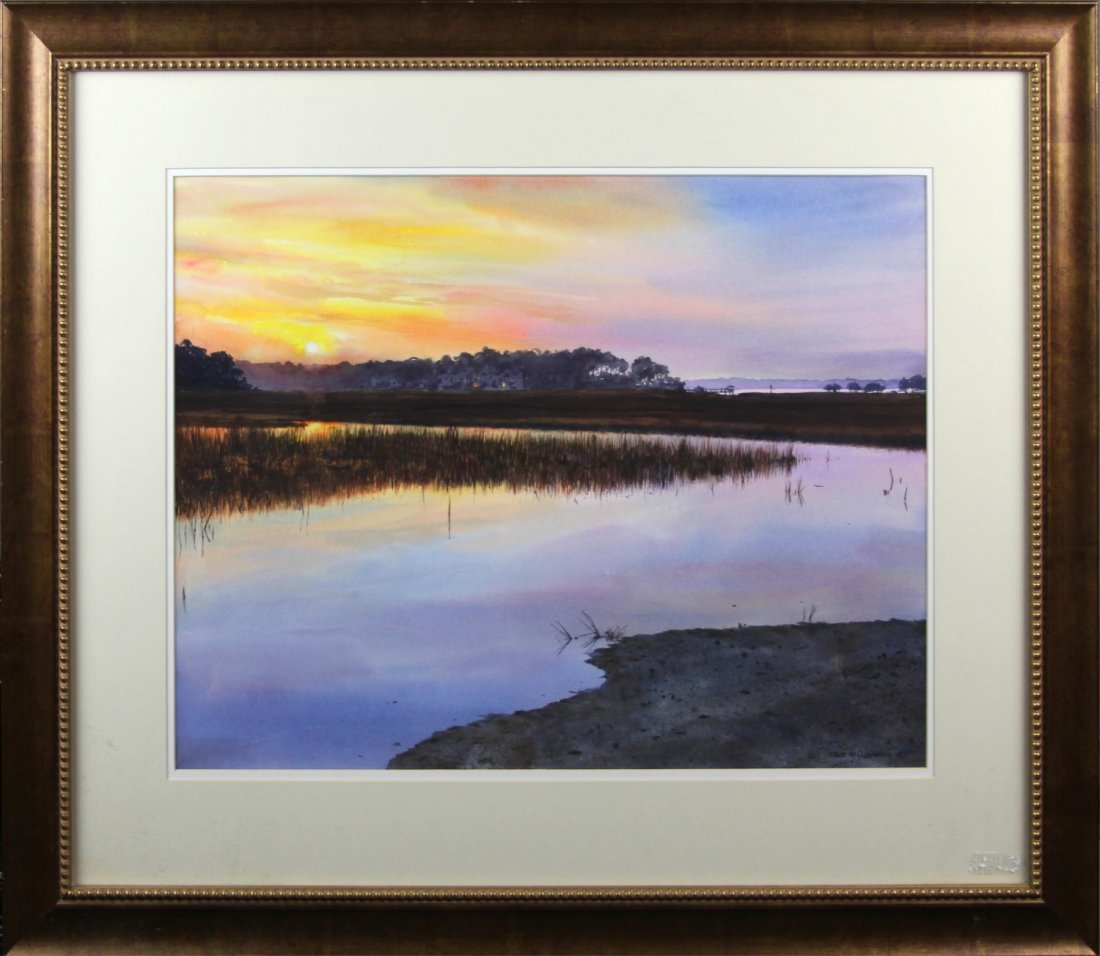 JACK WILLIAMSON RIBAUT ISLAND SUNSET WATERCOLOR: JACK WILLIAMSON RIBAUT ISLAND SUNSET WATERCOLOR Jack Williamson (American, 1927 - ), Watercolor, "Ribaut Island Sunset," signed lower right, professionally framed within a bronze / gold color beaded w