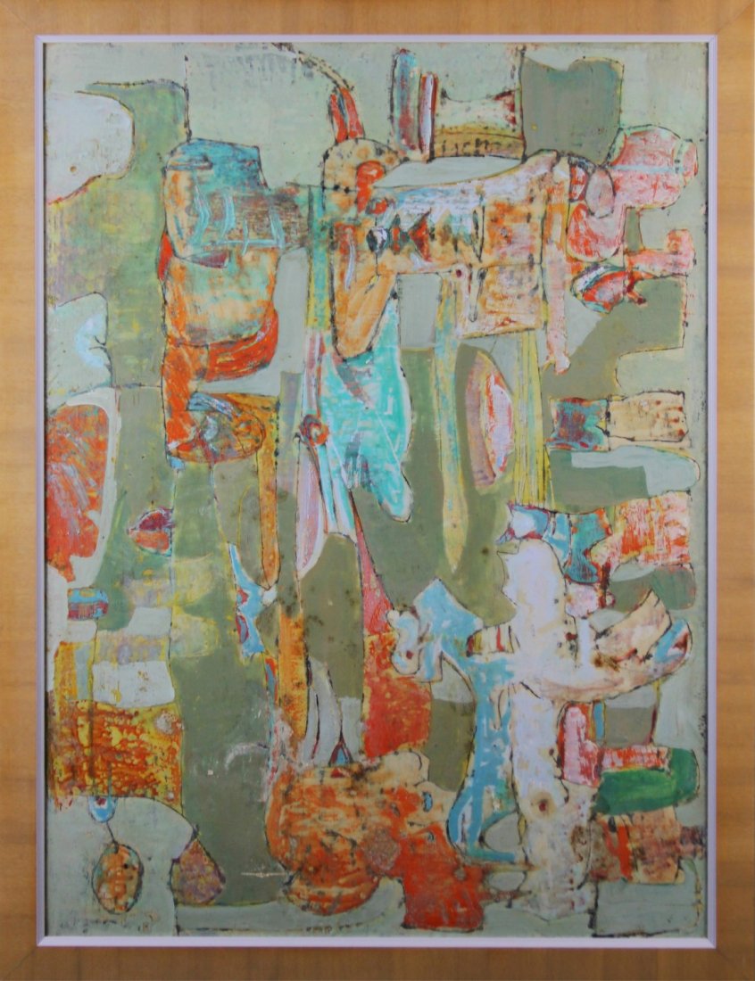 NANCY REID GUNN ENCAUSTIC PAINTING: NANCY REID GUNN ENCAUSTIC PAINTING Nancy Reid Gunn (American) encaustic painting. Features varying shades of green and orange. Framed in a tan wooden frame. Size: 25 x 32.75"