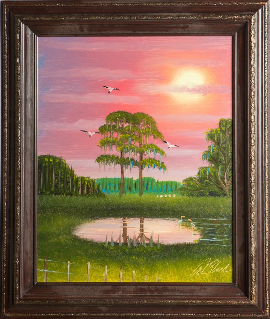 AL BLACK FLORIDA HIGHWAYMEN OIL ON BOARD CYPRESS: AL BLACK FLORIDA HIGHWAYMEN OIL ON BOARD CYPRESS Albert "Al" Black (American, b. 1946), oil on board, 16 x 20", Florida wetland scene featuring bald cypress trees dripping with moss, framed in modern 