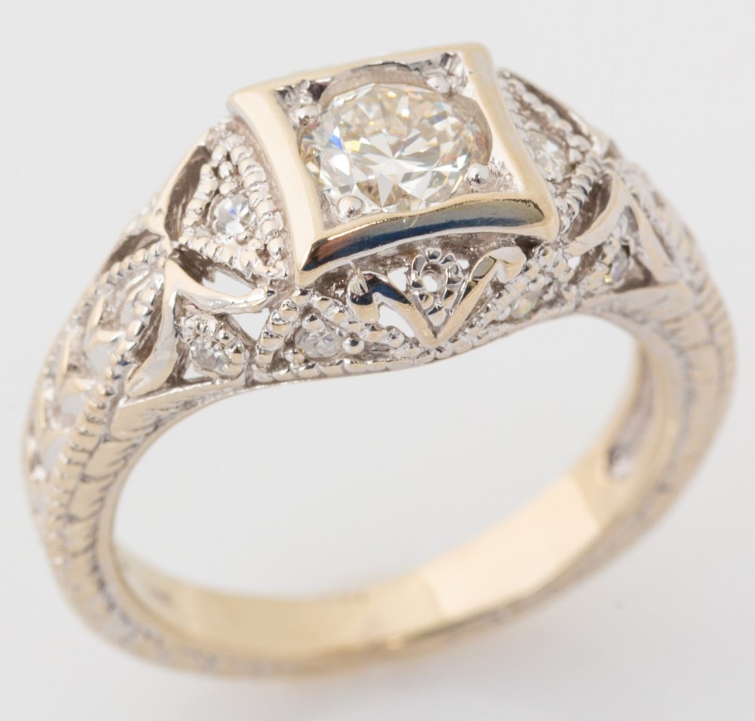 LADIES 14K DIAMOND RING ANTIQUE STYLE SETTING: LADIES 14K DIAMOND RING ANTIQUE STYLE SETTING Ladies 14k white gold diamond solitaire, bead set in antique style setting. Approximately 0.3 cts. Weight: 4g Size: 4.25