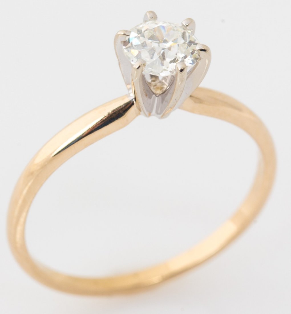 LADIES EUROPEAN CUT DIAMOIND SOLITAIRE 0.45 CTW: LADIES EUROPEAN CUT DIAMOIND SOLITAIRE 0.45 CTW Ladies solitaire diamond ring, Eurpoean cut, approximately 0.45 ct (H, VS-II), set in 14k yellow gold. Weight: 1.5g Size: 6