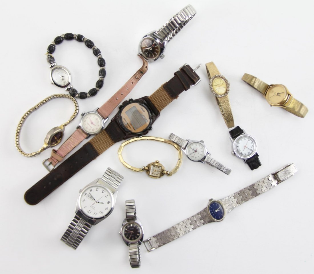 (13) MIXED WRISTWATCH LOT: (13) MIXED WRISTWATCH LOT Lot of thirteen mixed men's and ladies' wristwatches. Includes Gruen, Timex, Armitron, and more. Weight: 335.1g total