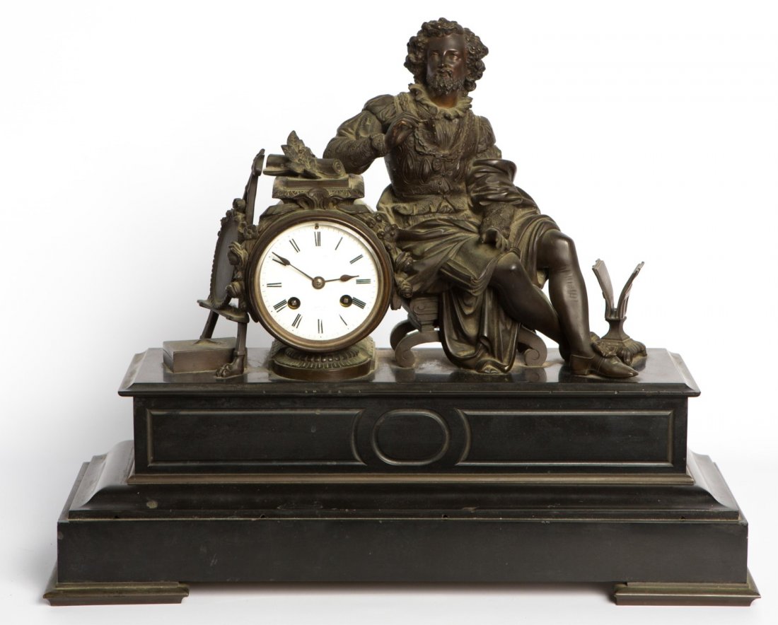 BRONZE METAL FIGURAL MANTLE CLOCK: BRONZE METAL FIGURAL MANTLE CLOCK Bronze metal figural mantle clock. Depicts a man, in Renaissance attire, leaning on the clock, surrounded by an easel and manuscripts. Clock face has Roman numerals a