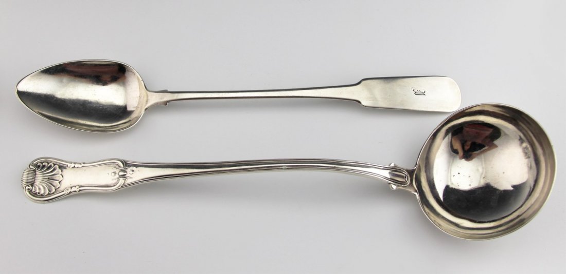 (2) MITCHELL & RUSSELL EDINBURGH SILVER SPOONS: (2) MITCHELL & RUSSELL EDINBURGH SILVER SPOONS Lot of two sterling silver stuffing spoon and ladle; Mitchell & Russell, Edinburgh, Scotland. Circa 1814. Spoon is monogrammed "I", 12.75", and ladle is 