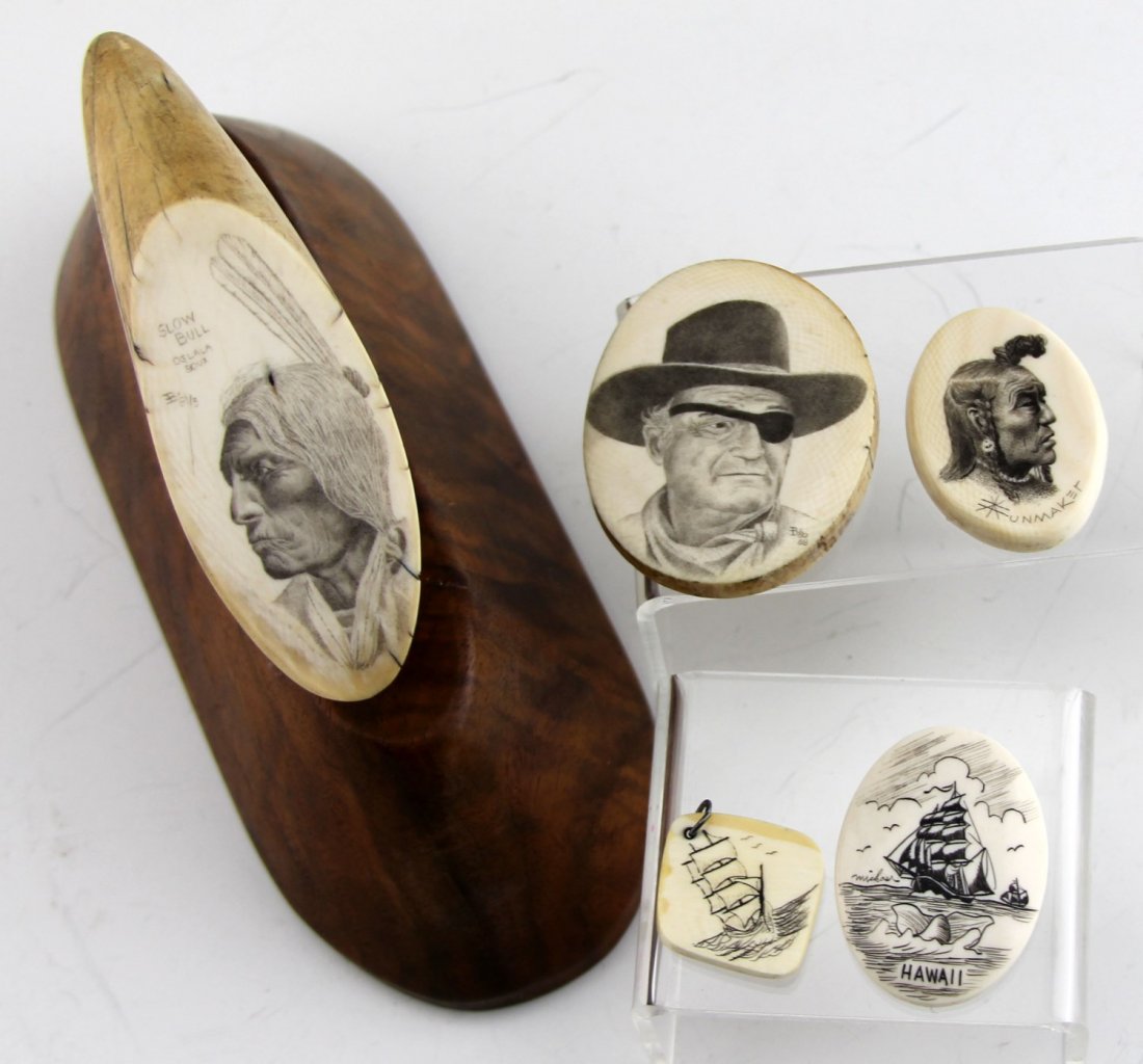 (5) IVORY SCRIMSHAW PIECES: (5) IVORY SCRIMSHAW PIECES Lot of five pieces total; Includes ivory segment depicting Slow Bull, 3.5 x 6" including base, dowel mounted to walnut base; and four plaques, ranging from 1" - 2", depictin