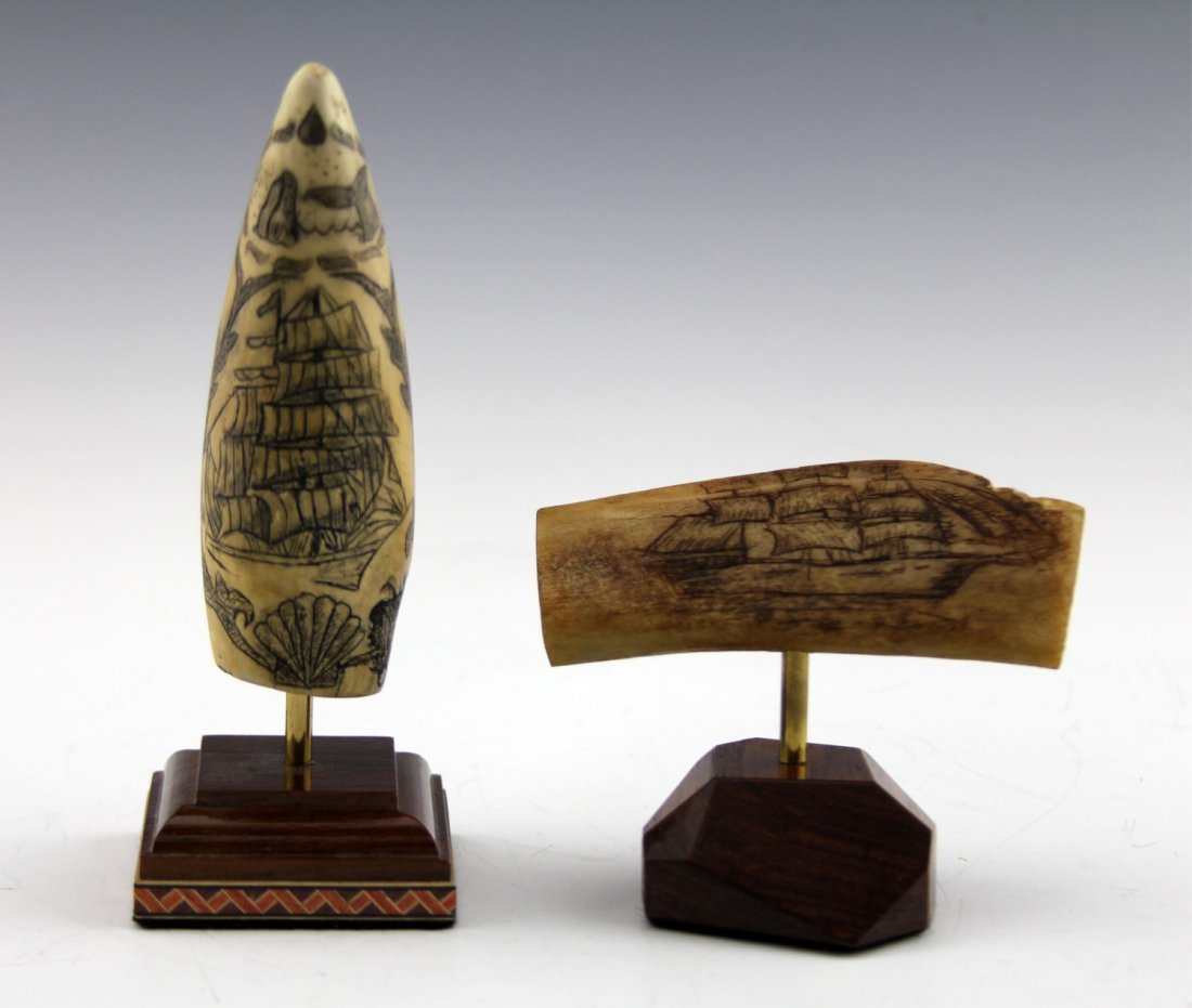 (2) ANTIQUE SCRIMSHAW BONE & WHALE TOOTH: (2) ANTIQUE SCRIMSHAW BONE & WHALE TOOTH Lot of two antique scrimshaw pieces; Includes ivory whale tooth with naval scene, 5.5" including base; and naval ship scrimshaw on bone, 3.5" including base. W