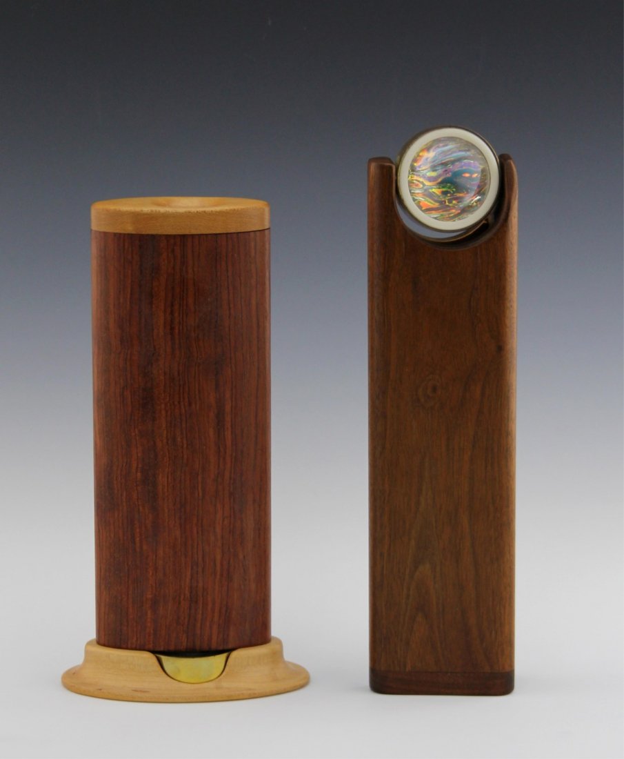 (2) HENRY BERGESON WOODEN KALEIDOSCOPES: (2) HENRY BERGESON WOODEN KALEIDOSCOPES Two Henry Bergeson wooden kaleidoscopes, one Bubinga wood stand up (9.5") and the other Walnut wood with a pivoting lens (10.5"). Both signed.