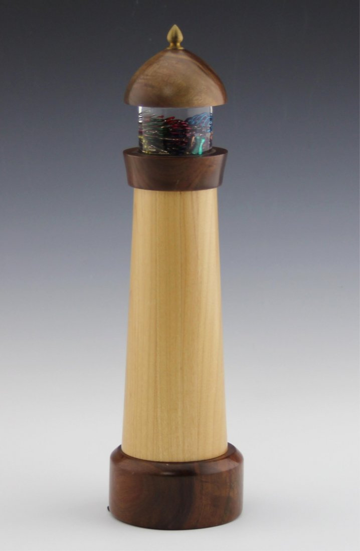 PARMAN BROTHERS WOODEN LIGHTHOUSE KALEIDOSCOPE: PARMAN BROTHERS WOODEN LIGHTHOUSE KALEIDOSCOPE Parman Brothers wooden lighthouse kaleidoscope with removable stand. Size: 11.5" with stand