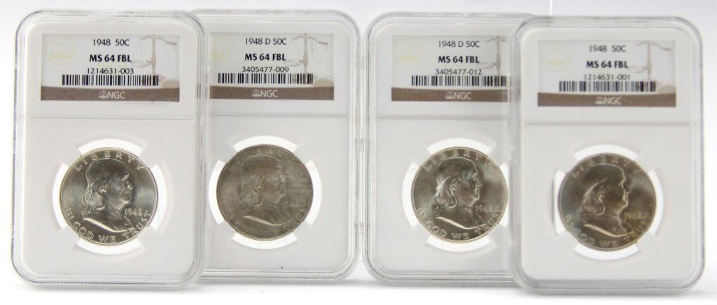 (4) 1948 NGC MS64 FBL FRANKLIN HALF DOLLARS: (4) 1948 NGC MS64 FBL FRANKLIN HALF DOLLARS Four 1948 NGC MS64 FBL Franklin half dollars, two of which are from the Delaware mint.