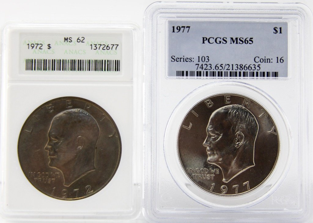 (2) EISENHOWER DOLLARS: (2) EISENHOWER DOLLARS Two Eisenhower dollars, one 1977 PCGS MS65, and one 1972 ANACS MS62.