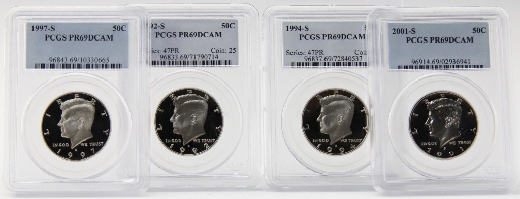 (4) 1992 -94 -97 & 2001-S 50C PCGS PR69 DEEP CAMEO: (4) 1992 -94 -97 & 2001-S 50C PCGS PR69 DEEP CAMEO Lot of four Kennedy Half Dollars; PCGS Graded 1992-S, 1994-S, 1997-S and 2001-S.