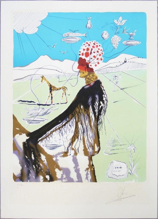 SALVADOR DALI THE EARTH GODDESS SIGNED LITHO: SALVADOR DALI THE EARTH GODDESS SIGNED LITHO Salvador Dali, "The Earth Goddess," signed lithograph. Pale green ground. Print number I 320/350. Printed on Arches paper. Image size is 18 x 22.5". Signat