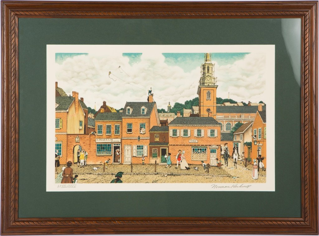 NORMAN ROCKWELL COLONIAL PHILADELPHIA LITHO: NORMAN ROCKWELL COLONIAL PHILADELPHIA LITHO Norman Rockwell (American), signed and framed lithograph entitled, "Colonial Philadelphia." #21/35 Artist Proof. Signed and editioned in pencil at the botto