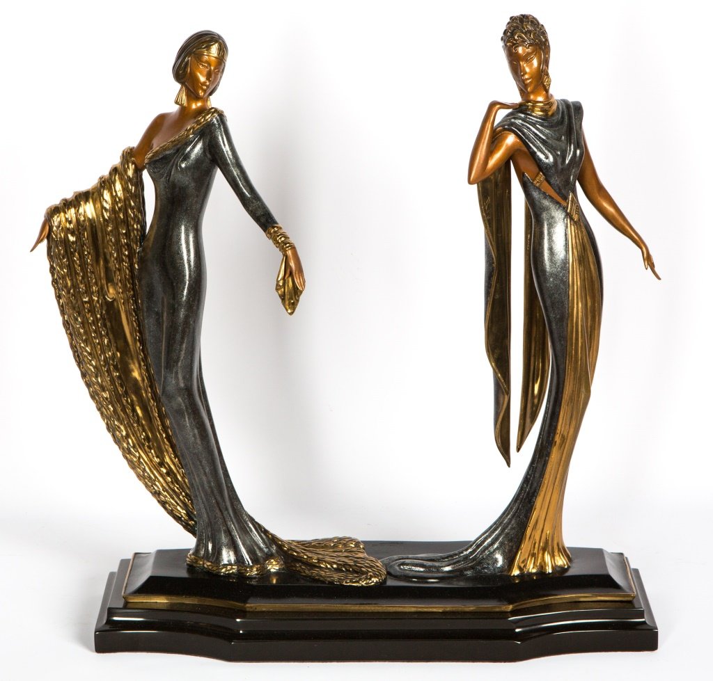 ERTE DUETTO SIGNED BRONZE SCULPTURE: ERTE DUETTO SIGNED BRONZE SCULPTURE Romain de Tirtoff a.k.a. Erte (Russian, 1890-1990), "Duetto" signed bronze sculpture. Depicts to women in Art Deco attire. Signed to back of black and gold base. Im