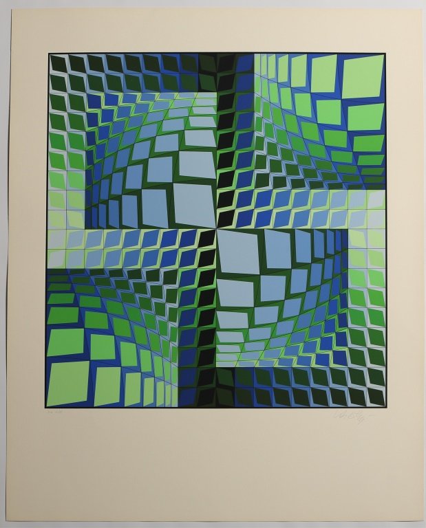 VICTOR VASARELY THEZ SIGNED SERIGRAPH 1982: VICTOR VASARELY THEZ SIGNED SERIGRAPH 1982 Victor Vasarely, Hungarian (1908 - 1997), Thez, signed Serigraph, limited HC edition of 25, numbered 16. Signed in pencil bottom right. Image size: 25 x 25".