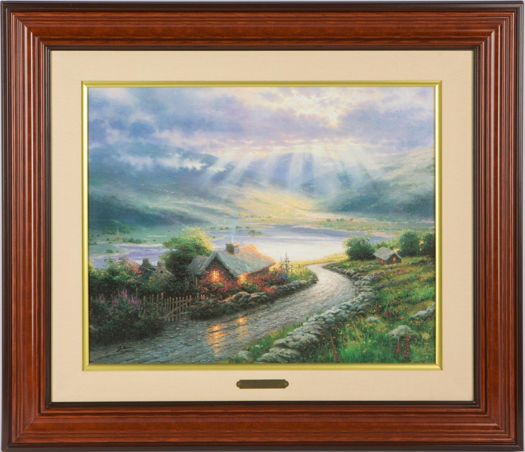 THOMAS KINKADE CANVAS LITHO EMERALD ISLE COTTAGE: THOMAS KINKADE CANVAS LITHO EMERALD ISLE COTTAGE Thomas Kinkade (American) embellished canvas lithograph entitled "Emerald Isle Cottage". #671/685 GP. In a dark, wooden frame with a title plaque. Size