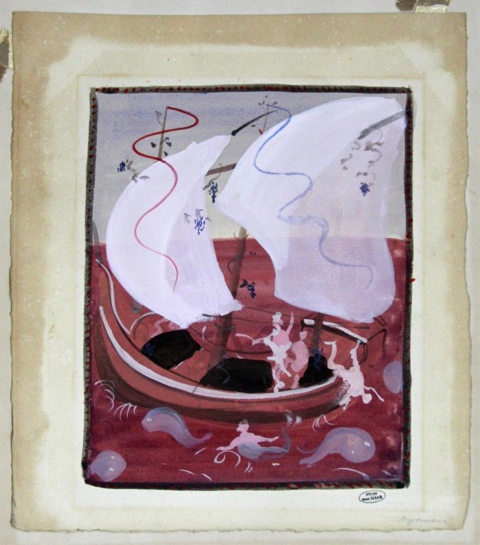 ANDRE DERAIN NAUTICAL SCENE WATERCOLOR ON PAPER: ANDRE DERAIN NAUTICAL SCENE WATERCOLOR ON PAPER Andre Derain (French, 1880-1954). A watercolor seascape. Unsigned but with the famous Derain stamp, bottom right. Derain was a leading exponent of fauvi