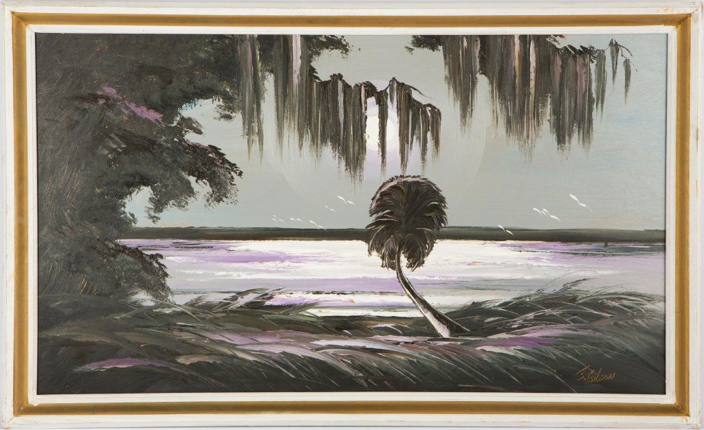 JAMES GIBSON FLORIDA HIGHWAYMEN NIGHT SCENE: JAMES GIBSON FLORIDA HIGHWAYMEN NIGHT SCENE James Gibson (American, b. 1938) Florida Highwaymen artist, nighttime beach scene with lavender and chromatic grey hues. Size: 40.5 x 25"