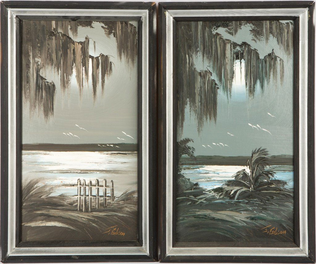 (2) JAMES GIBSON FLORIDA HIGHWAYMEN NIGHT SCENES: (2) JAMES GIBSON FLORIDA HIGHWAYMEN NIGHT SCENES James Gibson (American, b. 1938) Florida Highwaymen artist. Two moonlit South Florida coastal scenes in silver and black frames. Size: 24.5 x 15"
