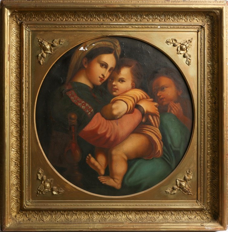 AFTER RAPHAEL MADONNA DELLA SEDIA OIL ON CANVAS: AFTER RAPHAEL MADONNA DELLA SEDIA OIL ON CANVAS Original oil painting, after Raphael (Raffaello Sanzio); The Madonna della Sedia; oil on canvas, 29 x 29". Framed in ornate gilt frame. After the pictur