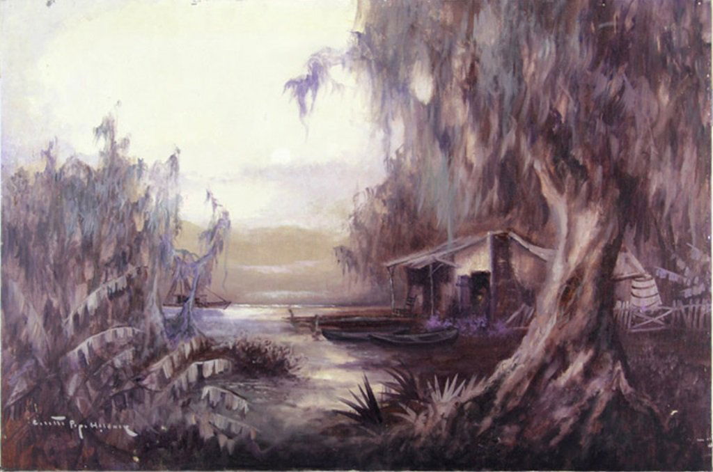 COLETTE POPE HELDNER SWAMP IDYL OIL ON CANVAS: COLETTE POPE HELDNER SWAMP IDYL OIL ON CANVAS Colette Pope Heldner (American/New Orleans, 1902-1990), oil on canvas entitled "Swamp Idyl", depicting bayou landscape. Signed in lower left corner, title