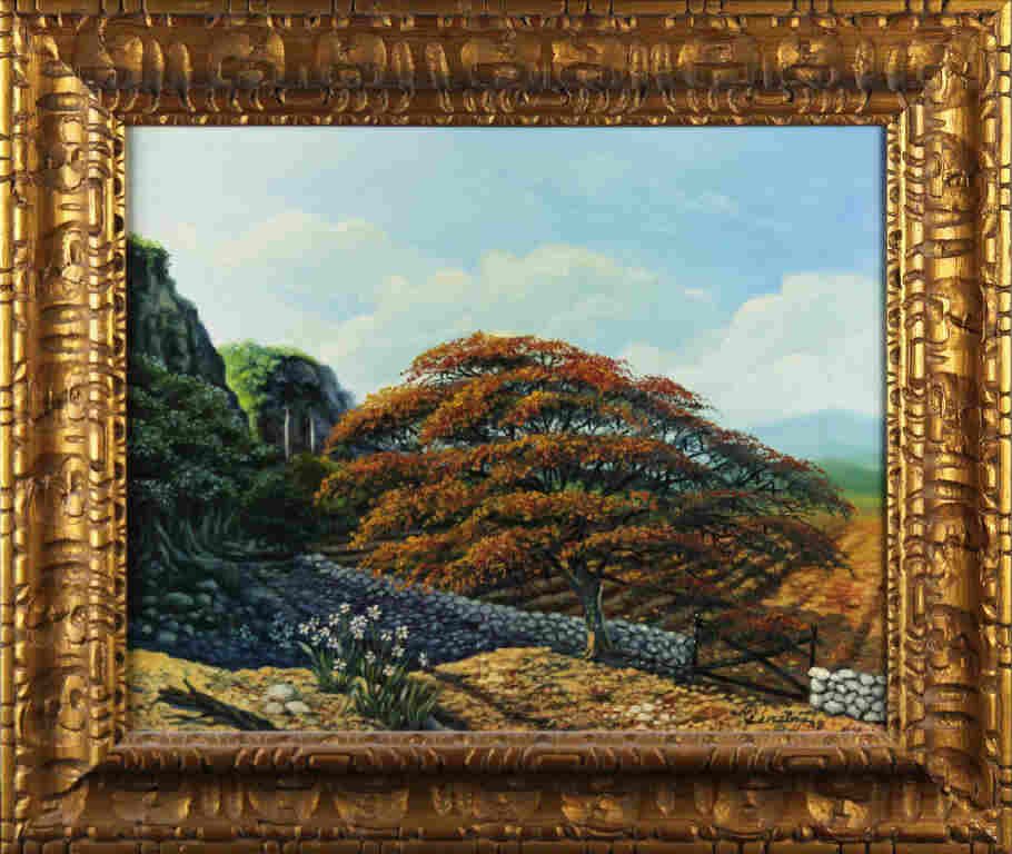 E PEREIRA (CUBAN) FLAMBOYAN ORIGINAL OIL/CANVAS: E PEREIRA (CUBAN) FLAMBOYAN ORIGINAL OIL/CANVAS E. Pereira (Cuban, Contemporary), "Flamboyan", original oil on canvas, 16 x 20", signed bottom right, framed in wooden frame. Size: 22 x 26" framed