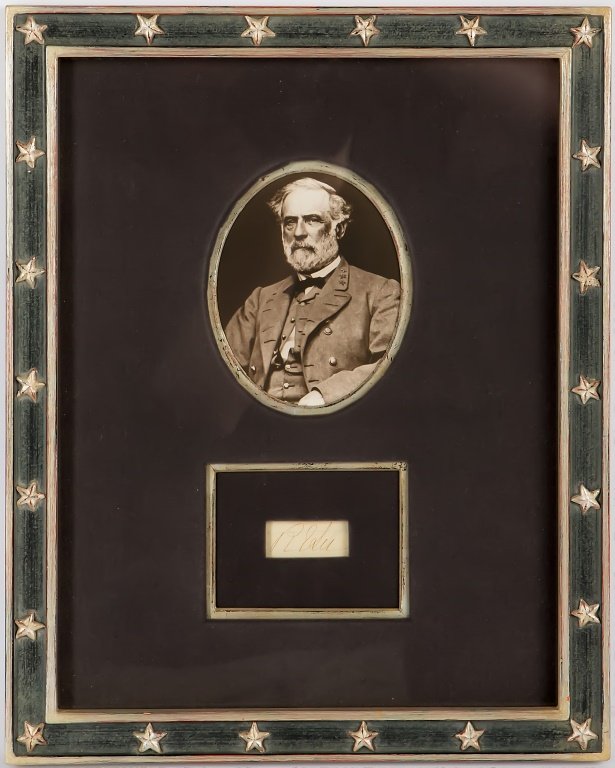 ROBERT E. LEE FRAMED CUT SIGNATURE & PHOTO: ROBERT E. LEE FRAMED CUT SIGNATURE & PHOTO Robert E. Lee cut signature and oval photograph professionally framed together. 14 x 11.5"