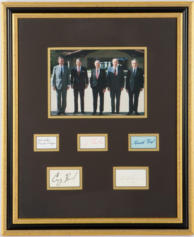 FIVE US PRESIDENTS PHOTO AND SIGNATURES FRAMED: FIVE US PRESIDENTS PHOTO AND SIGNATURES FRAMED Five United States presidents photo with all five signatures. Presidents included are Jimmy Carter, George Bush Sr., Ronald Reagan, Richard Nixon, and Ge