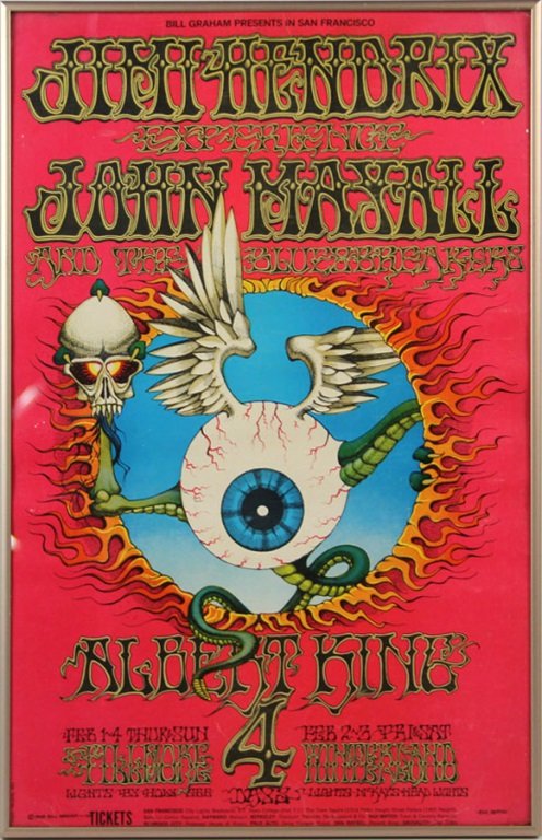 BILL GRAHAM SERIES BG # 105 JIMI HENDRIX POSTER: BILL GRAHAM SERIES BG # 105 JIMI HENDRIX POSTER Bill Graham Series # 105 1968 Rick Griffin Jimi Hendrix show poster from Fillmore Auditorium Winterland. Poster size: 14 x 21.625". Framed. Size: 22 x 1