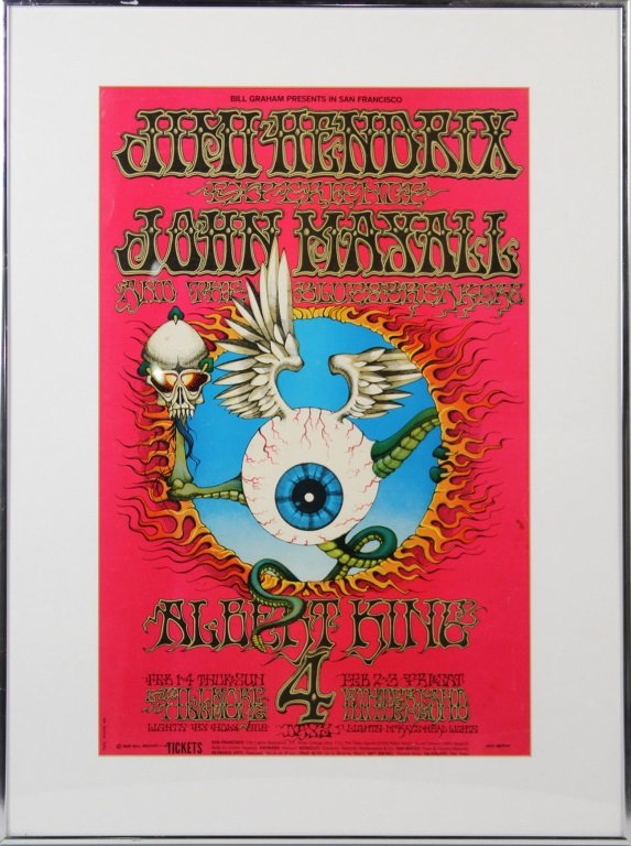 BILL GRAHAM SERIES BG # 105 JIMI HENDRIX POSTER: BILL GRAHAM SERIES BG # 105 JIMI HENDRIX POSTER Bill Graham Series # 105 1968 Rick Griffin Jimi Hendrix show poster from Fillmore Auditorium Winterland. Framed and matted. Poster size: 14 x 21.625" Si