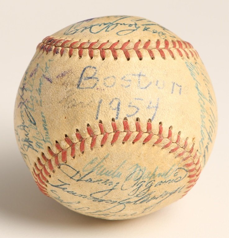 BOSTON RED SOX TEAM SIGNED BASEBALL 1954: BOSTON RED SOX TEAM SIGNED BASEBALL 1954 Boston Red Sox team signed ball, 1954; Includes signatures by Grady Hatton, "The Golden Greek" Harry Agganis, Ted Lepico, etc. Signed in blue pen. Does not inc