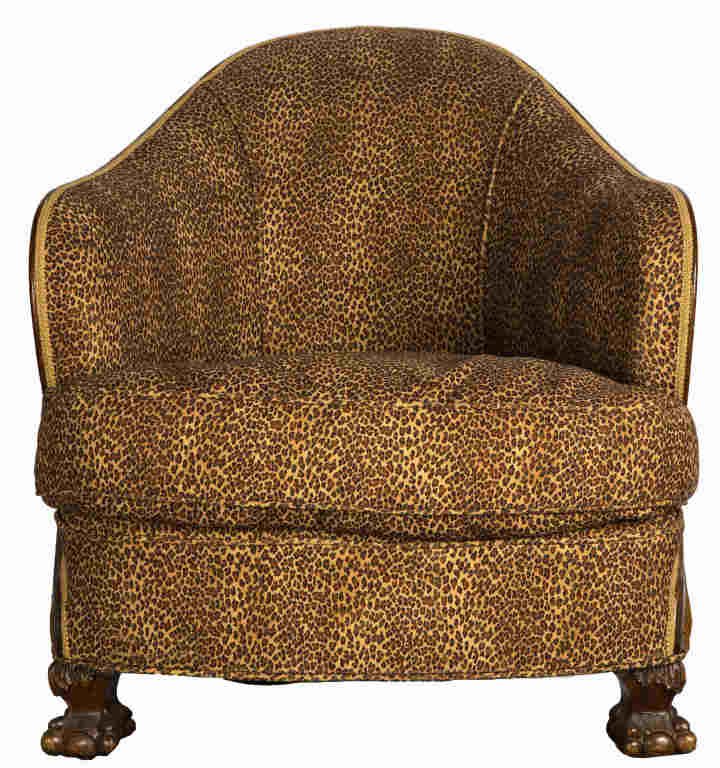 EDELMAN HIDE UPHOLSTERED VICTORIAN PARLOR CHAIR: EDELMAN HIDE UPHOLSTERED VICTORIAN PARLOR CHAIR Antique Victorian parlor chair, re-upholstered with Edelman cow hide to back and Clarence House leopard print fabric to front; two front wood clawed fee