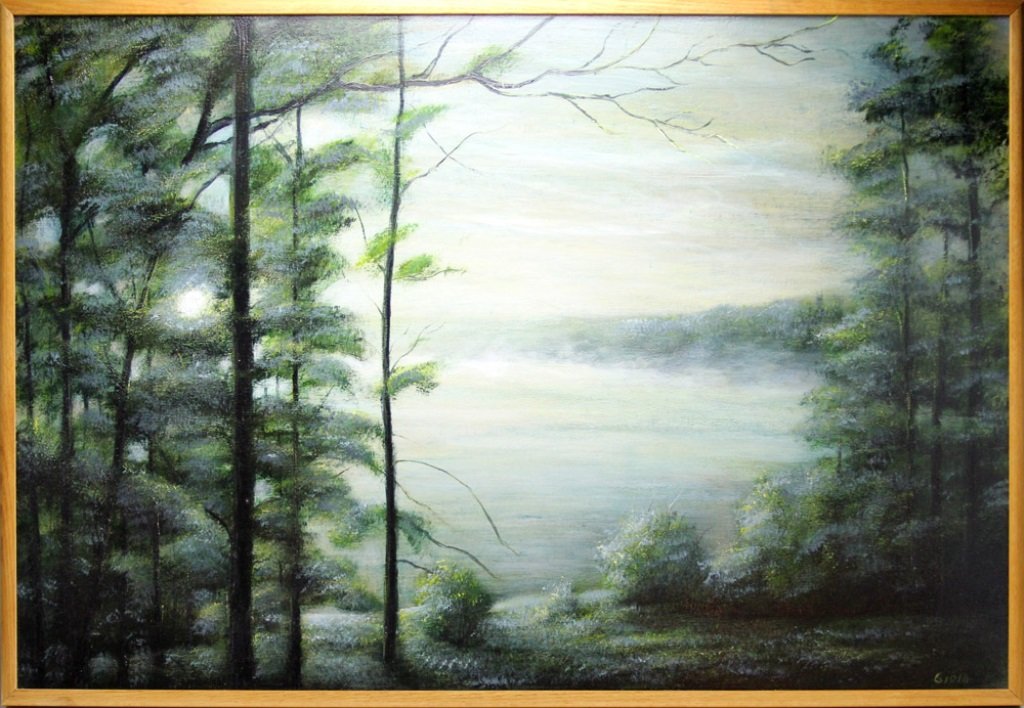 DEAN GIOIA SUMMER SOLSTICE OIL ON CANVAS 1989: DEAN GIOIA SUMMER SOLSTICE OIL ON CANVAS 1989 Dean Gioia (American/Florida), oil on canvas, entitled "Summer Solstice" on verso, dated 1989. Depicts a woodland scene with lake. Set in wood canvas, sig