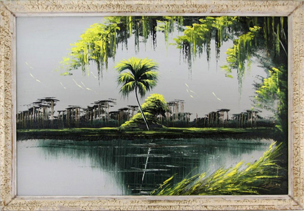 JAMES GIBSON FLORIDA HIGHWAYMEN OIL ON BOARD: JAMES GIBSON FLORIDA HIGHWAYMEN OIL ON BOARD James Gibson (American, b.1938), Florida Highwaymen, oil on board, 35.75 x 24.25", depicting a wetland landscape with palm at center, rendered with highly