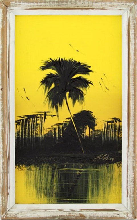 JAMES GIBSON FLORIDA HIGHWAYMEN OIL ON BOARD: JAMES GIBSON FLORIDA HIGHWAYMEN OIL ON BOARD James Gibson (American, b.1938), Florida Highwaymen, oil on board, 11.75 x 20", depicting a palm tree that is predominately yellow and deep green/black in