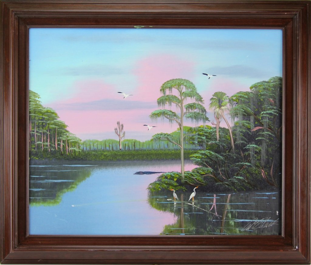 AL BLACK FLORIDA HIGHWAYMEN OIL ON BOARD: AL BLACK FLORIDA HIGHWAYMEN OIL ON BOARD Albert "Al" Black (American, b. 1946), oil on board, depicting sunset with bent palm over water. Signed lower left, set in modern frame. Size: 29 x 23.25" incl