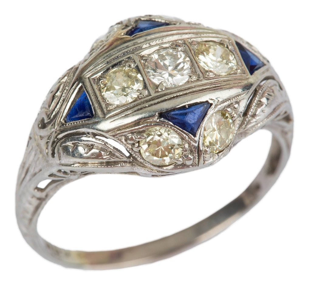 LADIES ANTIQUE ART DECO SAPPHIRE DIAMOND RING 18K: LADIES ANTIQUE ART DECO SAPPHIRE DIAMOND RING 18K Seven antique cut diamonds totaling approximately 1/3 carat enhanced by four triangle sapphires. intricate filigree work throughout. Genuine antique j
