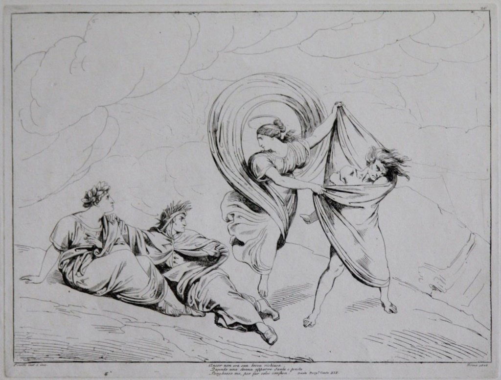 (2) BARTOLOMEO PINELLI DANTE INSPIRED ENGRAVINGS: (2) BARTOLOMEO PINELLI DANTE INSPIRED ENGRAVINGS Bartolomeo Pinelli (Italian, 1771-1835) engravings inspired by Dante Alighieri's Divine Comedy. The first is numbered 26 and reads "Her mouth was not y