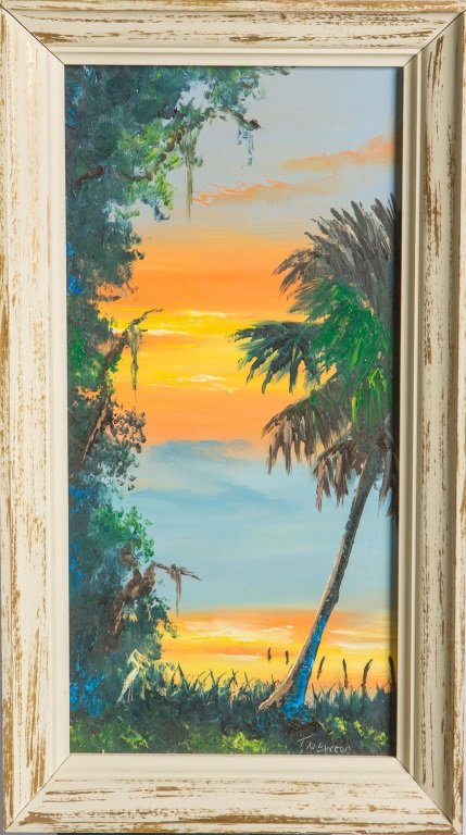 TRACY NEWTON FLORIDA LANDSCAPE OIL ON BOARD: TRACY NEWTON FLORIDA LANDSCAPE OIL ON BOARD Tracy Newton (American, Contemporary), Considered a 2nd generation Florida Highwaymen, oil on board depicting sunset scene with palm, signed lower right. Se