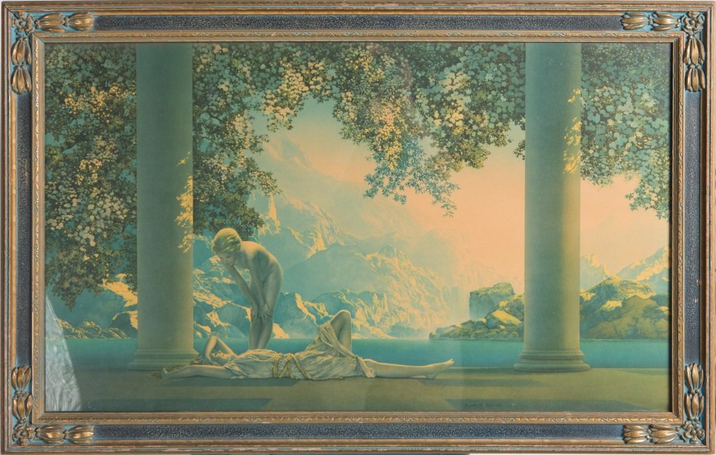 REPRODUCTION MAXFIELD PARRISH DAYBREAK PRINT: REPRODUCTION MAXFIELD PARRISH DAYBREAK PRINT Reproduction Maxfield Parrish "Daybreak" print, set in blue and gilt wood frame under glass, circa early 20th C. Size: 33.5 x 21.5" including frame