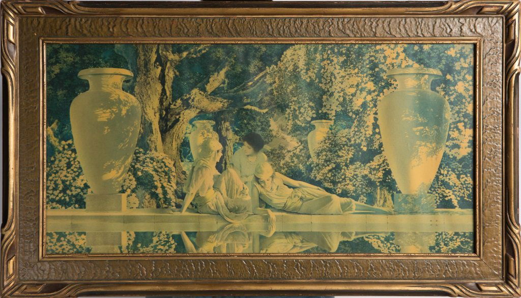 REPRODUCTION MAXFIELD PARRISH GARDEN ALLAH PRINT: REPRODUCTION MAXFIELD PARRISH GARDEN ALLAH PRINT Reproduction Maxfield Parrish, "The Garden of Allah" print, set in brown and gilt frame under glass. Circa early 20th C. Size: 35.5 x 20.75" including