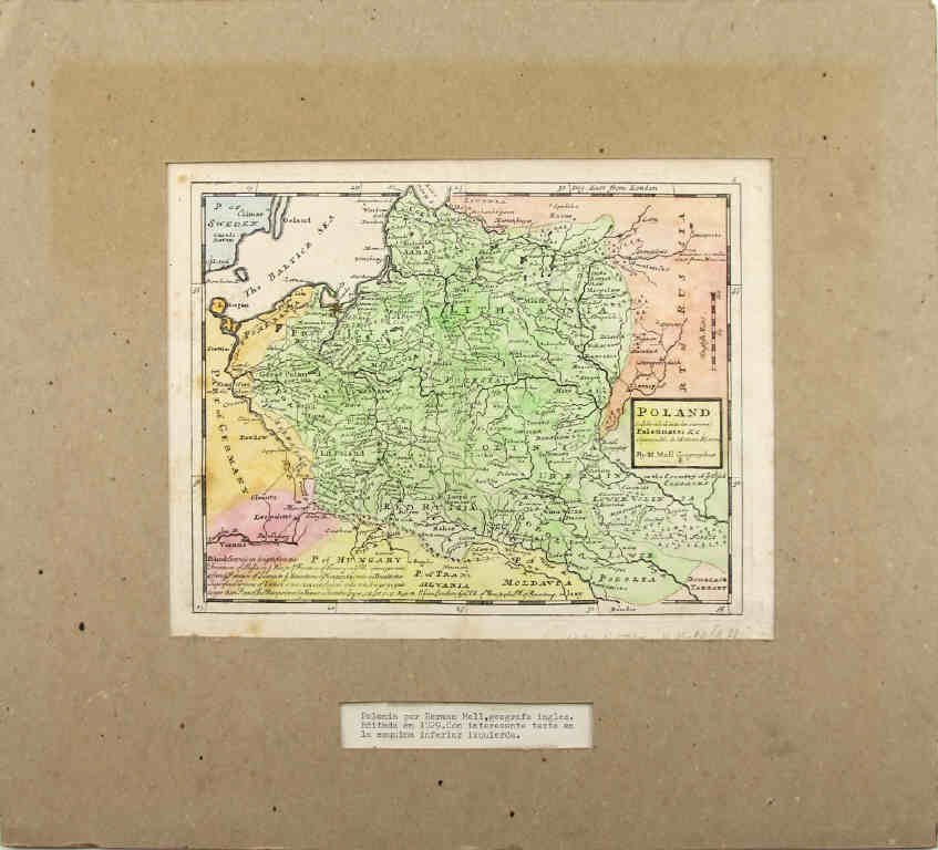 1729 MAP OF POLAND BY HERMAN MOLL: 1729 MAP OF POLAND BY HERMAN MOLL 1729 map of "Poland subdivided into its several Palatinates & c. Agreeable to Modern History" by Herman Moll, Geographer. In cardboard matting with a caption paper in