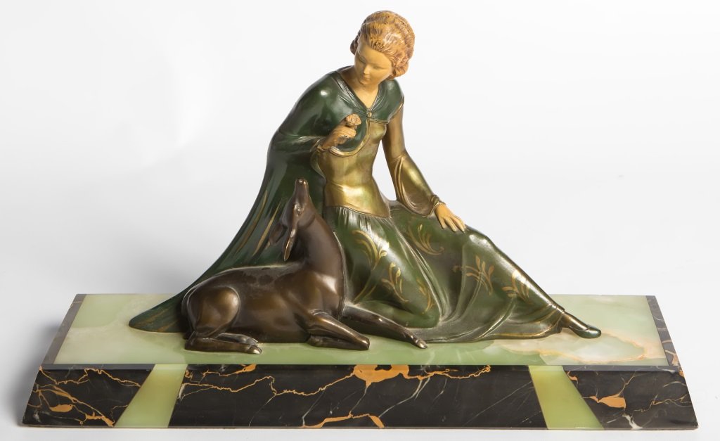 ART DECO STYLE WOMAN WITH DEER METAL STATUE (1 of 3)