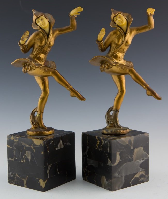 (2) ART DECO STYLE JESTER STATUES ON MARBLE (1 of 4)
