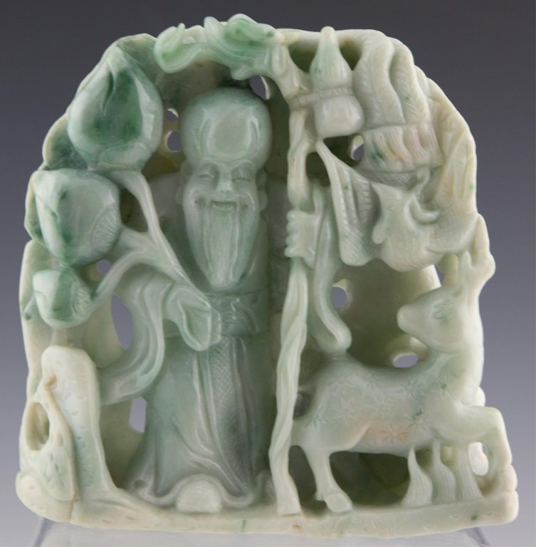 CHINESE GREEN & WHITE JADEITE SHOU W DEER STATUE (1 of 3)